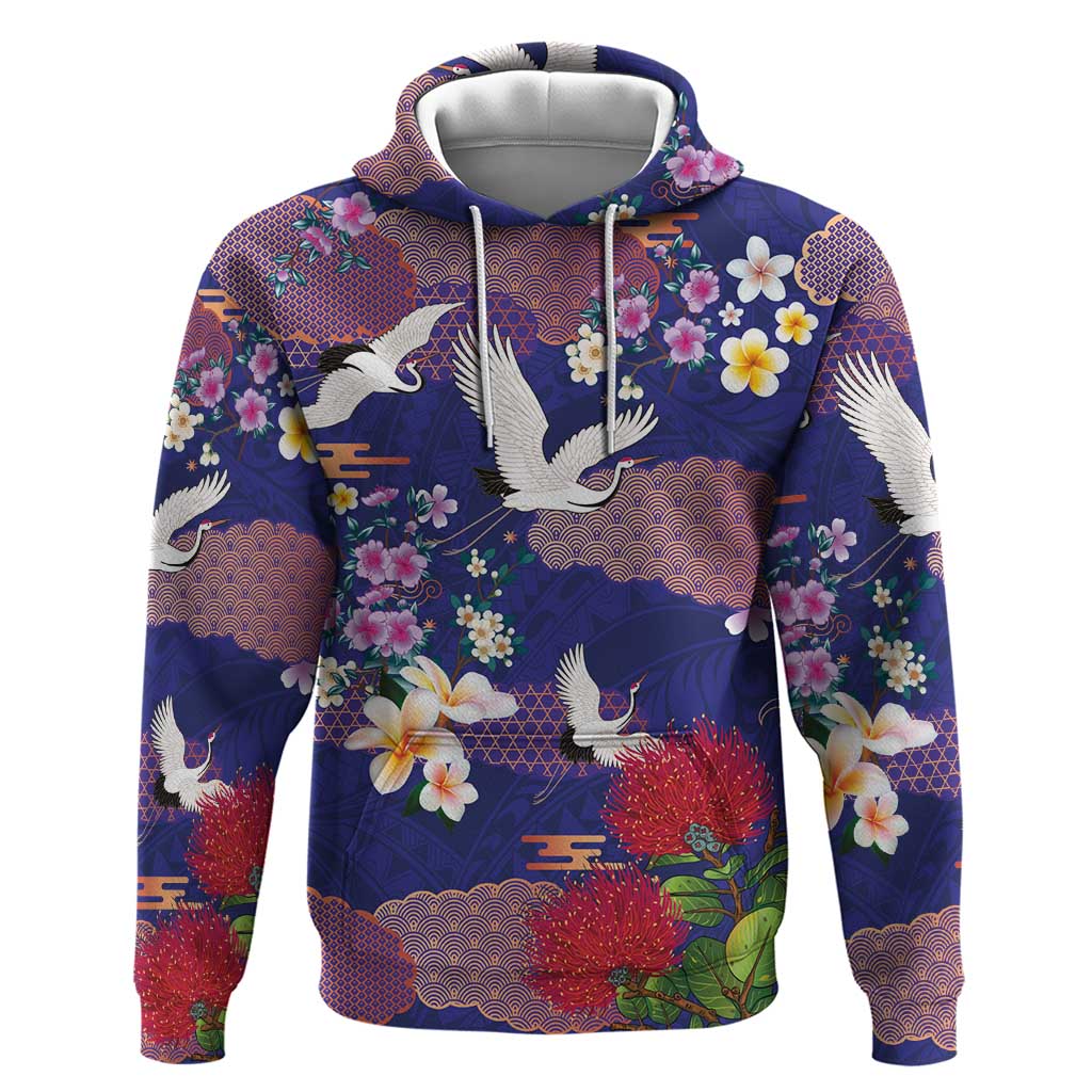 Hawaiian and Japanese Culture Together Zip Hoodie Blue Ohia Lehua Plumeria and Sakura Blooming LT03 Pullover Hoodie Blue - Polynesian Pride