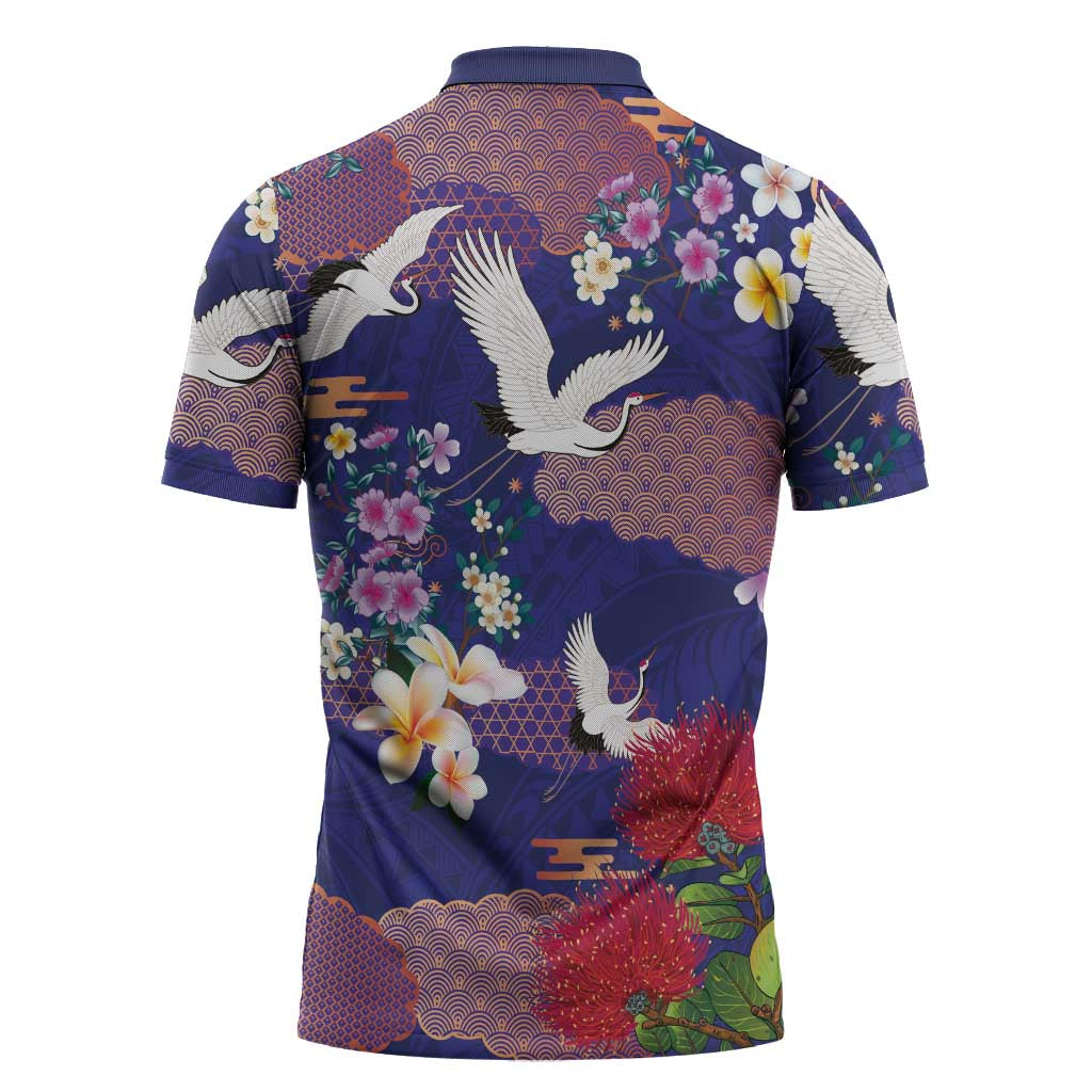 Hawaiian and Japanese Culture Together Zipper Polo Shirt Blue Ohia Lehua Plumeria and Sakura Blooming LT03 - Polynesian Pride