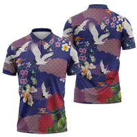 Hawaiian and Japanese Culture Together Zipper Polo Shirt Blue Ohia Lehua Plumeria and Sakura Blooming LT03 - Polynesian Pride
