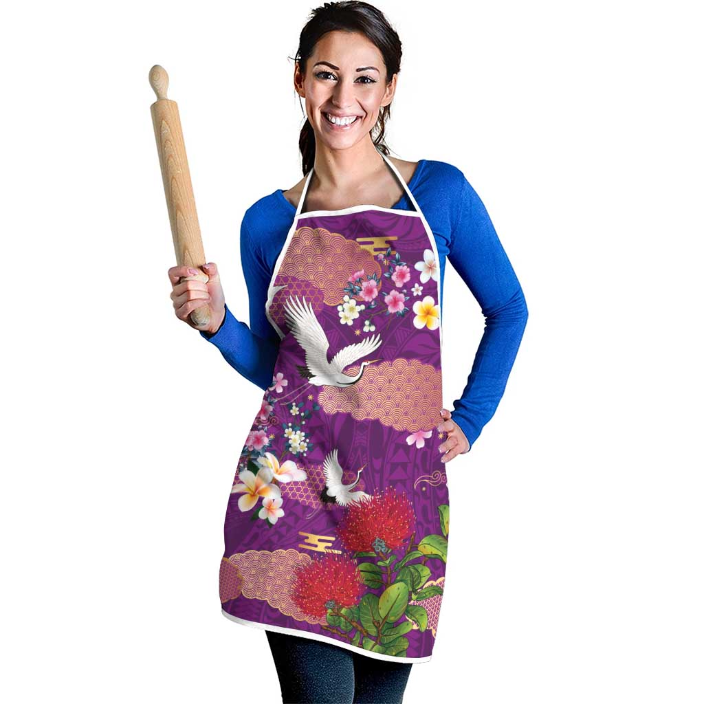 Hawaiian and Japanese Culture Together Apron Purple Ohia Lehua Plumeria and Sakura Blooming LT03 - Polynesian Pride