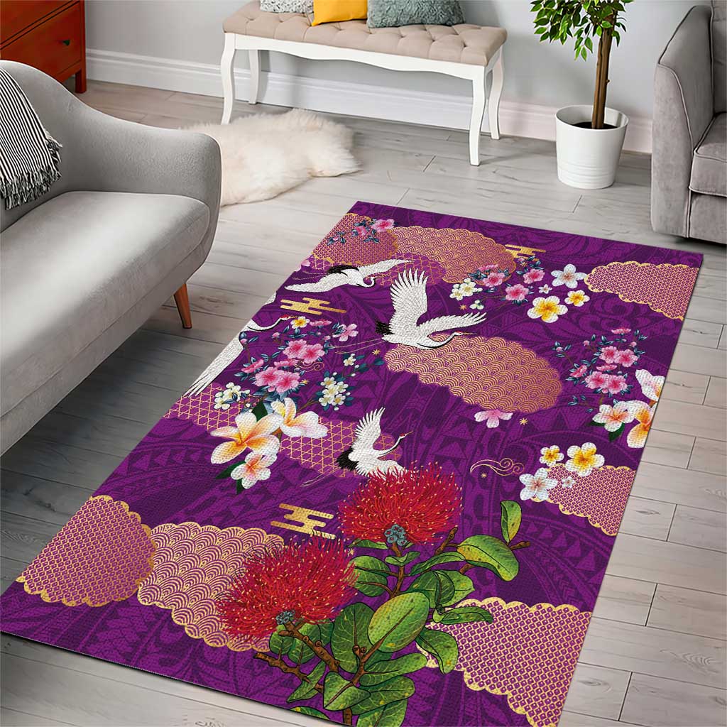 Hawaiian and Japanese Culture Together Area Rug Purple Ohia Lehua Plumeria and Sakura Blooming LT03 - Polynesian Pride