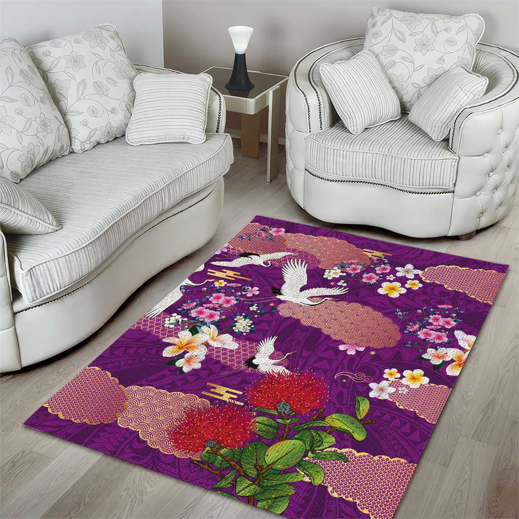 Hawaiian and Japanese Culture Together Area Rug Purple Ohia Lehua Plumeria and Sakura Blooming LT03 - Polynesian Pride