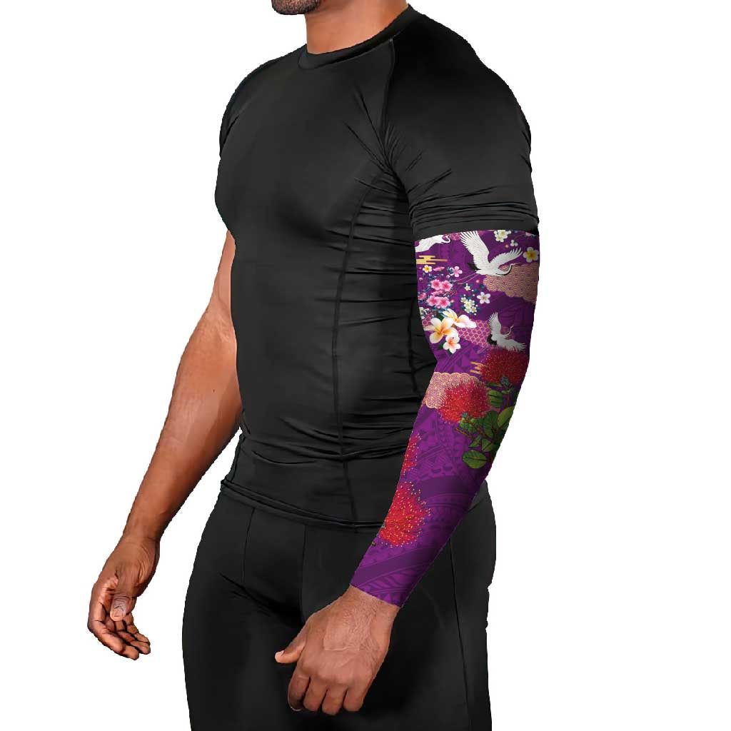Hawaiian and Japanese Culture Together Arm Sleeves Purple Ohia Lehua Plumeria and Sakura Blooming LT03 - Polynesian Pride