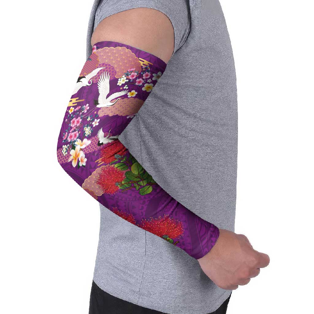 Hawaiian and Japanese Culture Together Arm Sleeves Purple Ohia Lehua Plumeria and Sakura Blooming LT03 - Polynesian Pride
