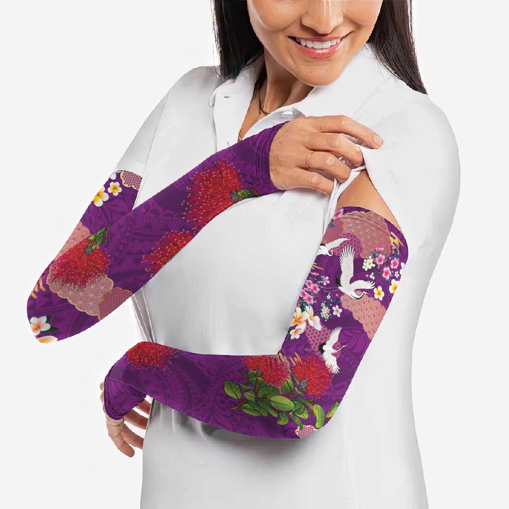 Hawaiian and Japanese Culture Together Arm Sleeves Purple Ohia Lehua Plumeria and Sakura Blooming LT03 - Polynesian Pride