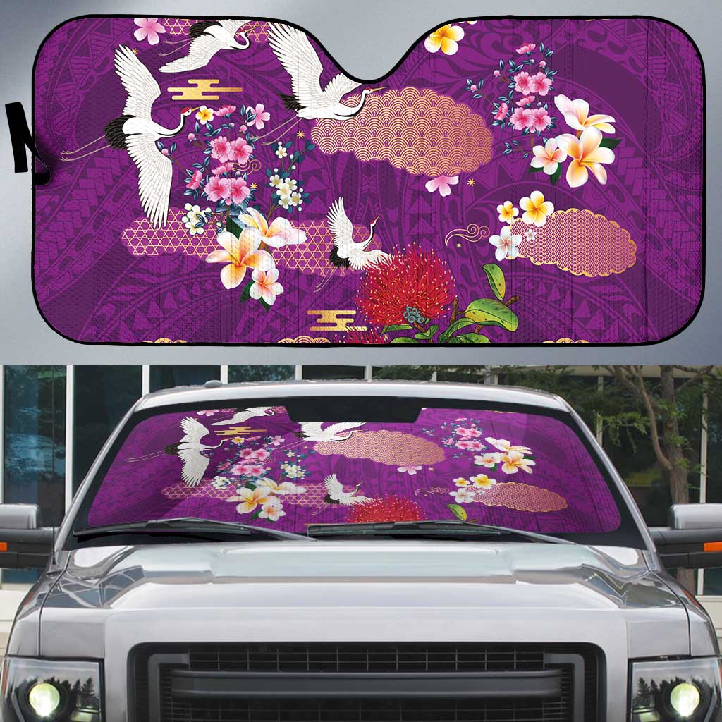 Hawaiian and Japanese Culture Together Auto Sun Shade Purple Ohia Lehua Plumeria and Sakura Blooming LT03 Purple - Polynesian Pride