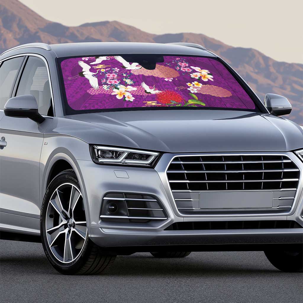 Hawaiian and Japanese Culture Together Auto Sun Shade Purple Ohia Lehua Plumeria and Sakura Blooming LT03 - Polynesian Pride