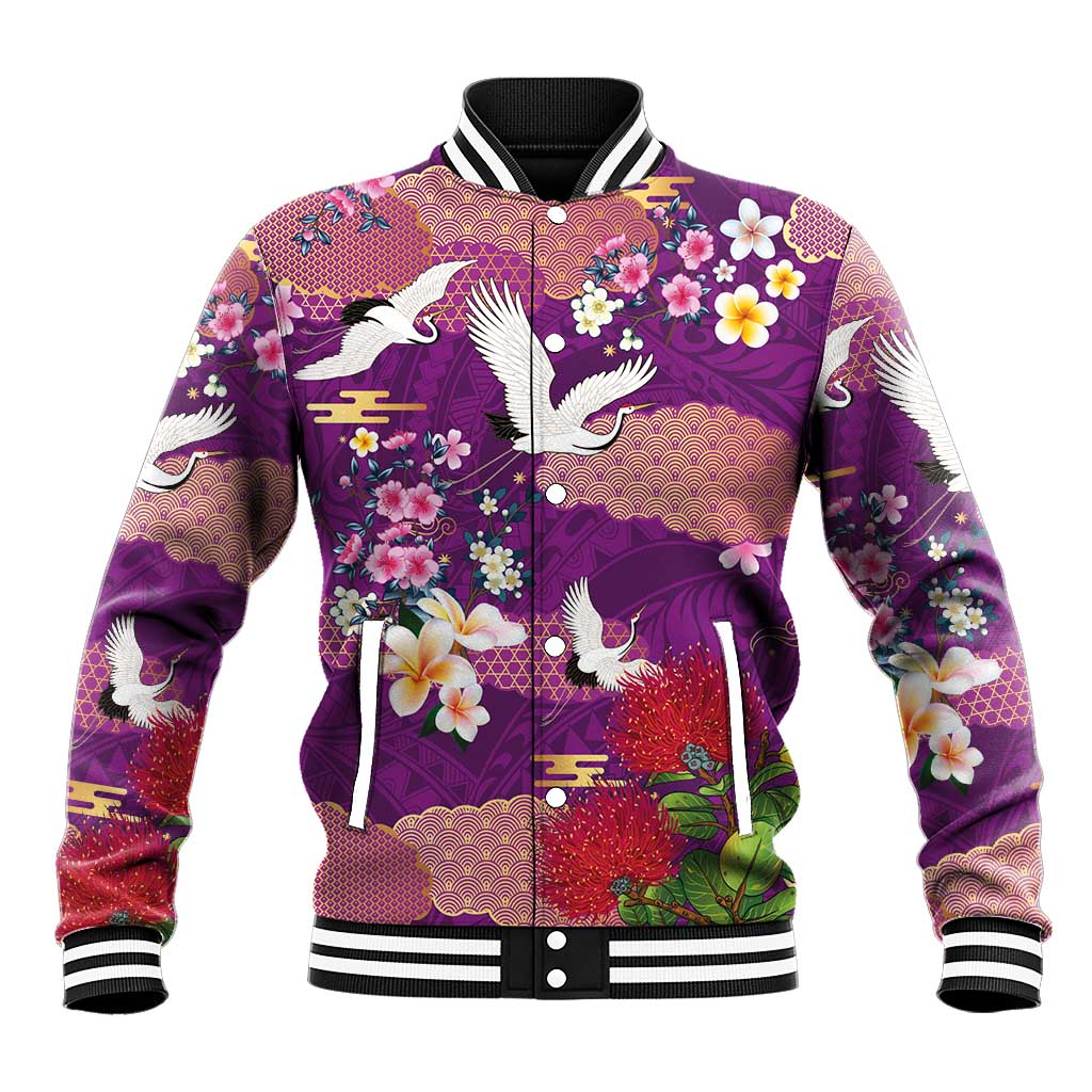 Hawaiian and Japanese Culture Together Baseball Jacket Purple Ohia Lehua Plumeria and Sakura Blooming LT03 Unisex Purple - Polynesian Pride
