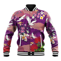 Hawaiian and Japanese Culture Together Baseball Jacket Purple Ohia Lehua Plumeria and Sakura Blooming LT03 Unisex Purple - Polynesian Pride