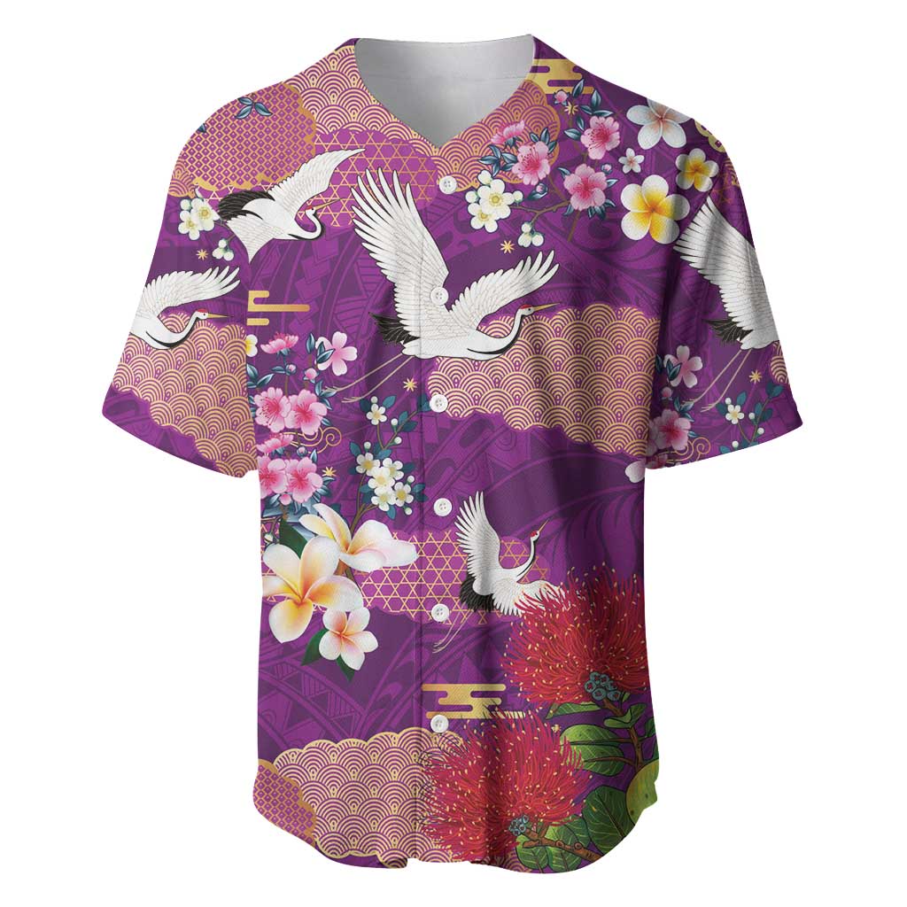Hawaiian and Japanese Culture Together Baseball Jersey Purple Ohia Lehua Plumeria and Sakura Blooming LT03 Purple - Polynesian Pride