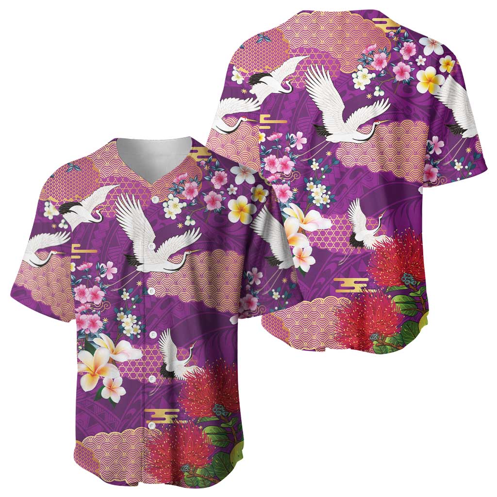 Hawaiian and Japanese Culture Together Baseball Jersey Purple Ohia Lehua Plumeria and Sakura Blooming LT03 - Polynesian Pride