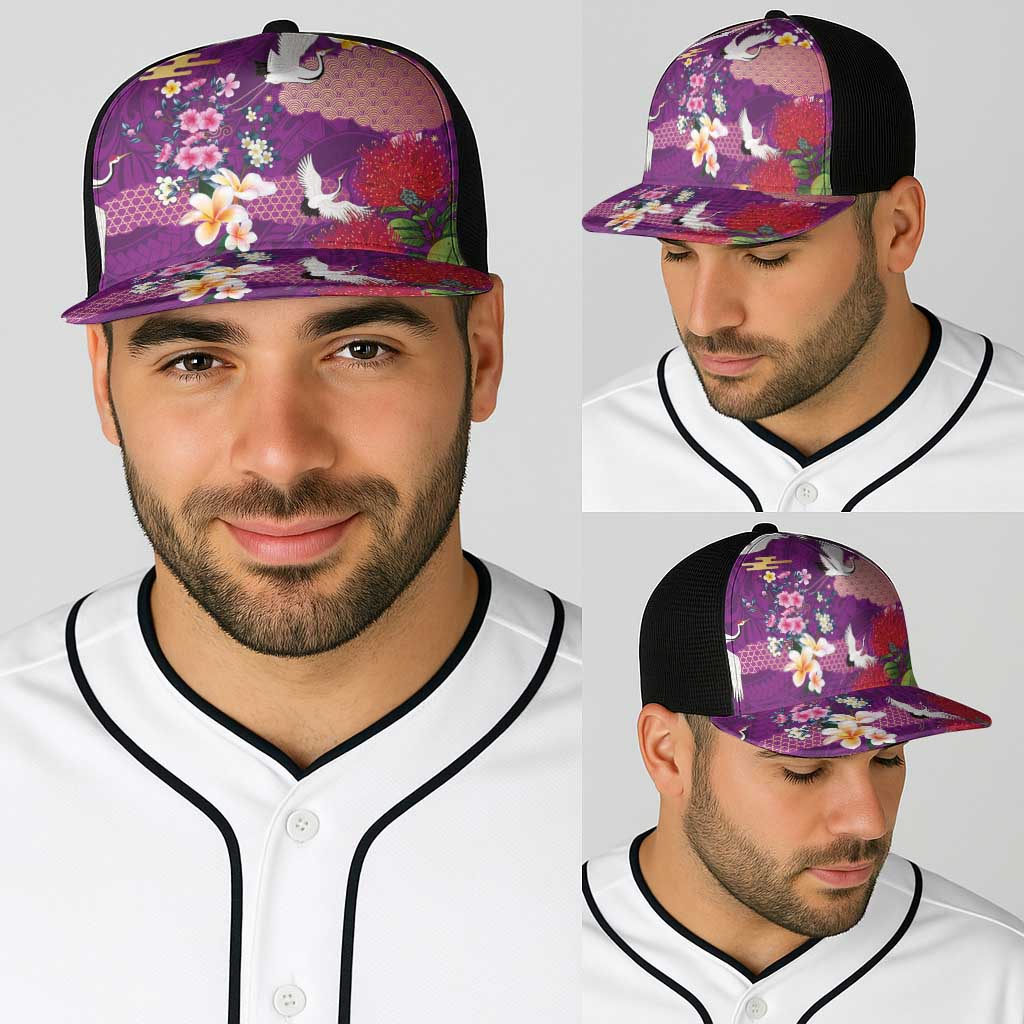 Hawaiian and Japanese Culture Together Baseball Net Cap Purple Ohia Lehua Plumeria and Sakura Blooming LT03 - Polynesian Pride