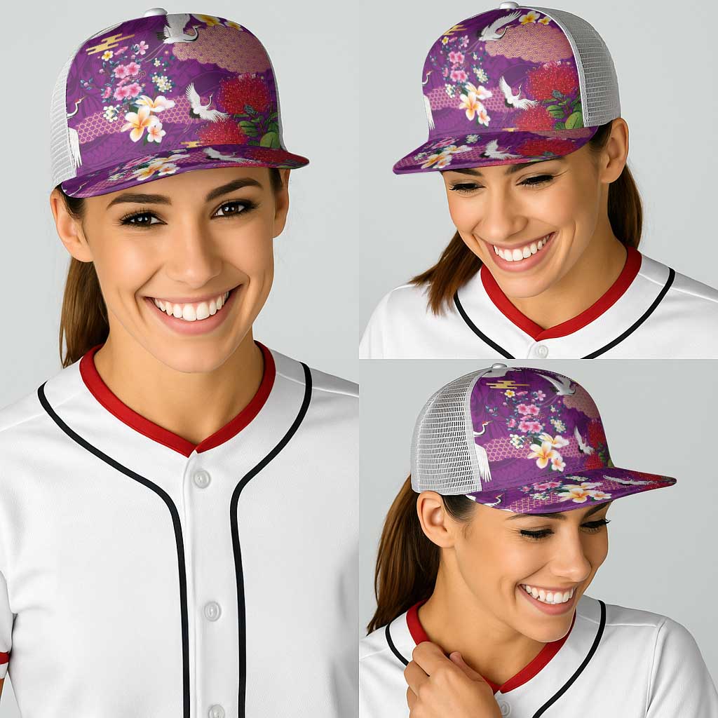 Hawaiian and Japanese Culture Together Baseball Net Cap Purple Ohia Lehua Plumeria and Sakura Blooming LT03 - Polynesian Pride