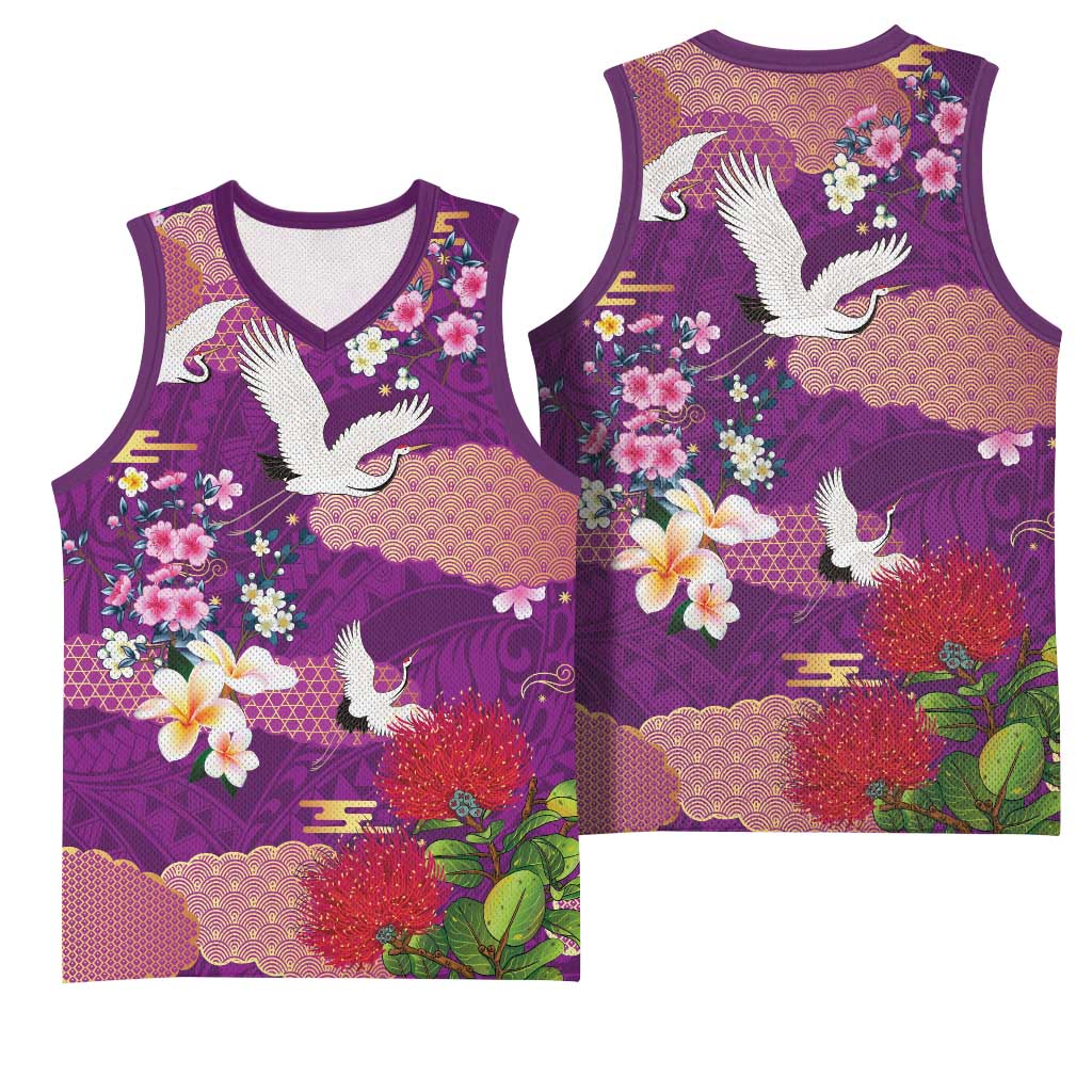 Hawaiian and Japanese Culture Together Basketball Jersey Purple Ohia Lehua Plumeria and Sakura Blooming LT03 - Polynesian Pride