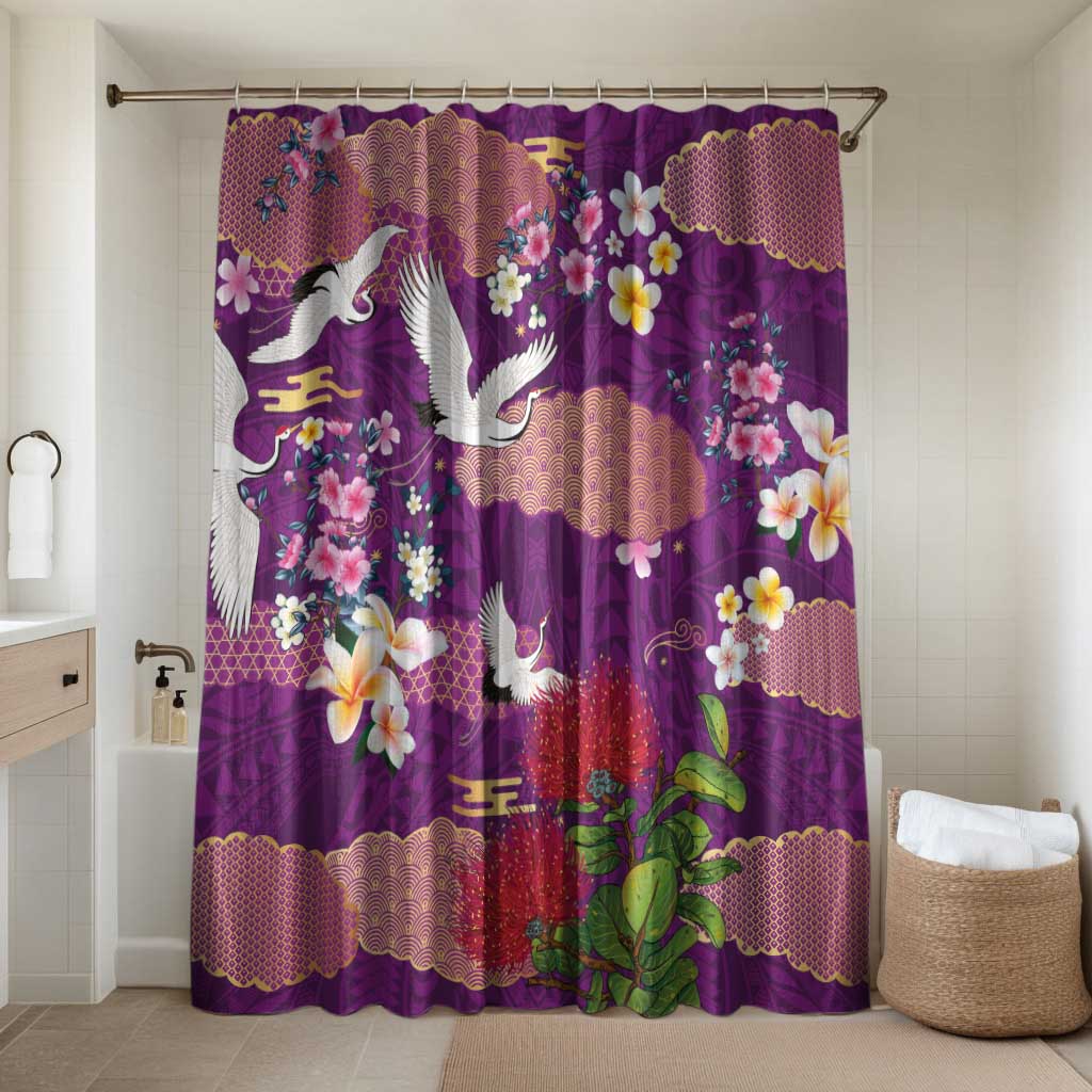Hawaiian and Japanese Culture Together Bathroom Set Purple Ohia Lehua Plumeria and Sakura Blooming LT03 Shower Curtain Only Purple - Polynesian Pride