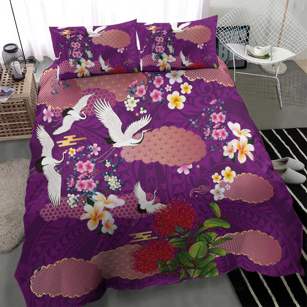 Hawaiian and Japanese Culture Together Bedding Set Purple Ohia Lehua Plumeria and Sakura Blooming LT03 - Polynesian Pride