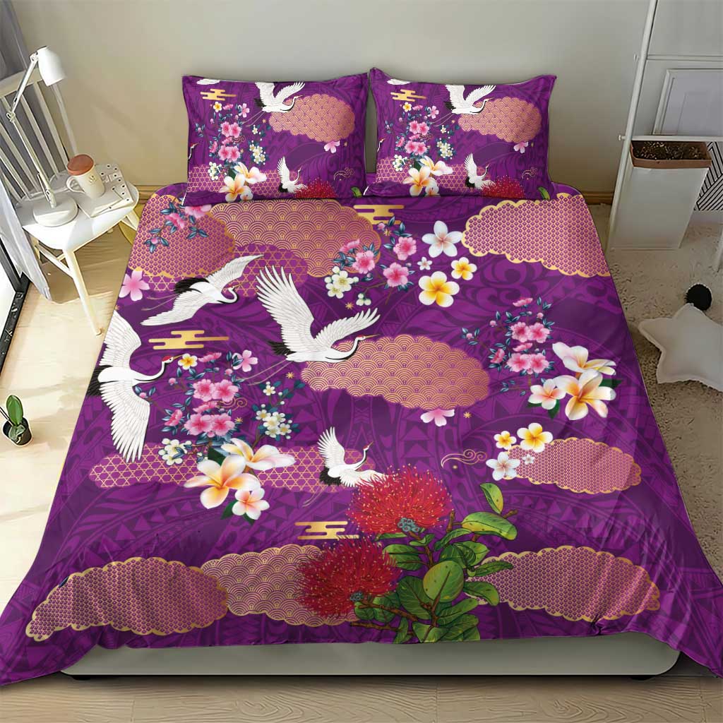 Hawaiian and Japanese Culture Together Bedding Set Purple Ohia Lehua Plumeria and Sakura Blooming LT03 - Polynesian Pride