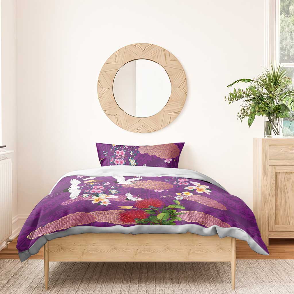 Hawaiian and Japanese Culture Together Bedding Set Purple Ohia Lehua Plumeria and Sakura Blooming LT03 - Polynesian Pride