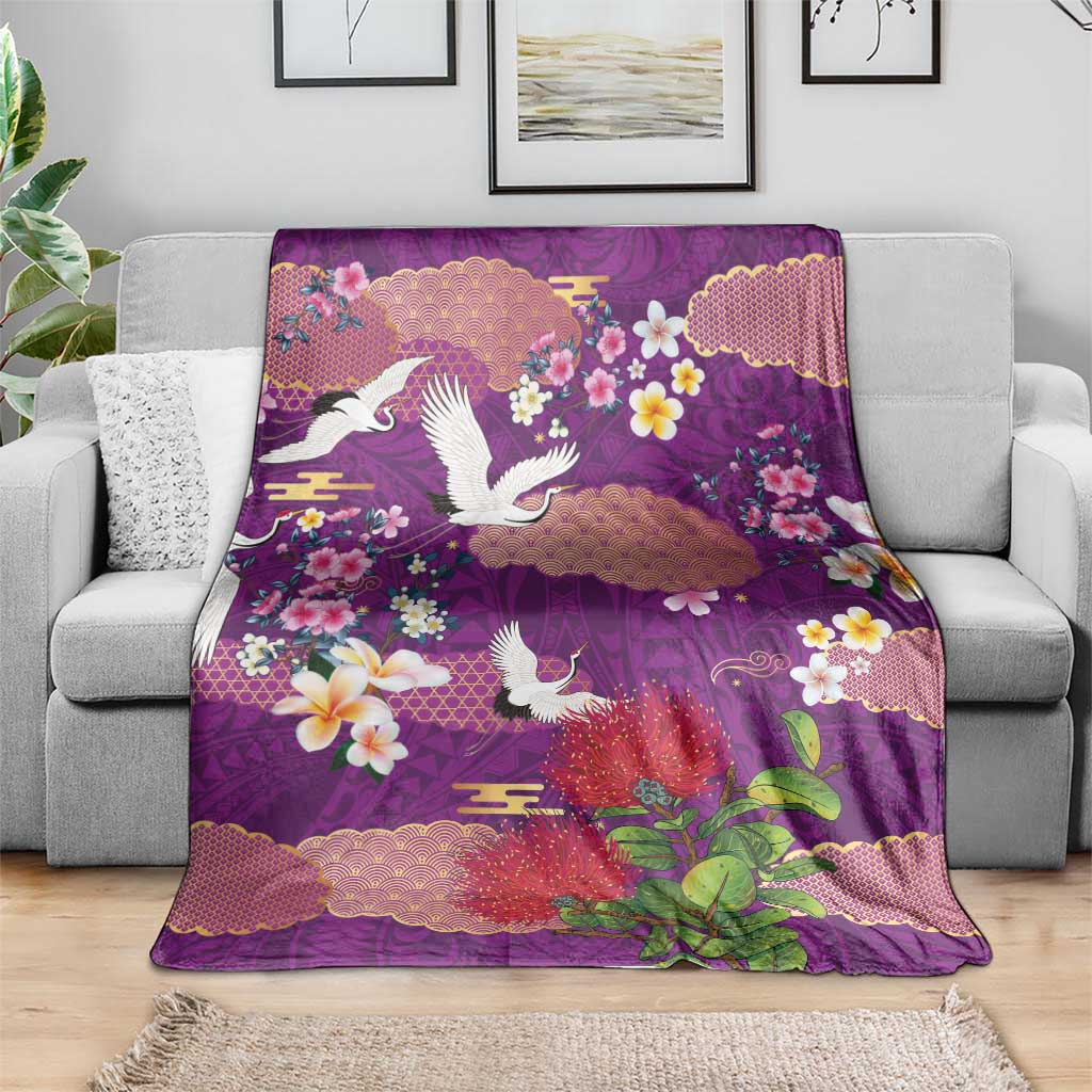 Hawaiian and Japanese Culture Together Blanket Purple Ohia Lehua Plumeria and Sakura Blooming LT03 - Polynesian Pride