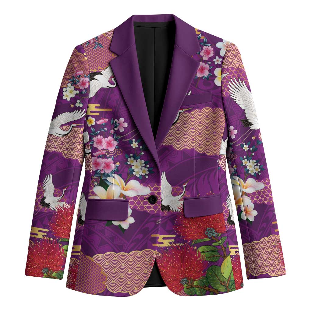 Hawaiian and Japanese Culture Together Blazer Purple Ohia Lehua Plumeria and Sakura Blooming LT03 Unisex Purple - Polynesian Pride