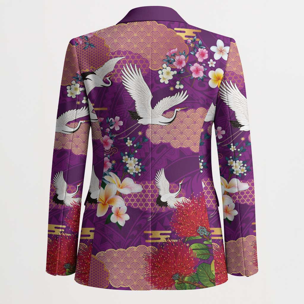 Hawaiian and Japanese Culture Together Blazer Purple Ohia Lehua Plumeria and Sakura Blooming LT03 - Polynesian Pride