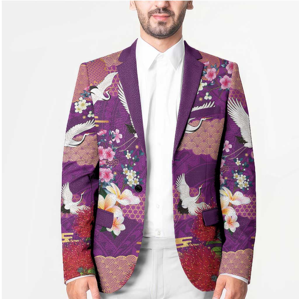 Hawaiian and Japanese Culture Together Blazer Purple Ohia Lehua Plumeria and Sakura Blooming LT03 - Polynesian Pride