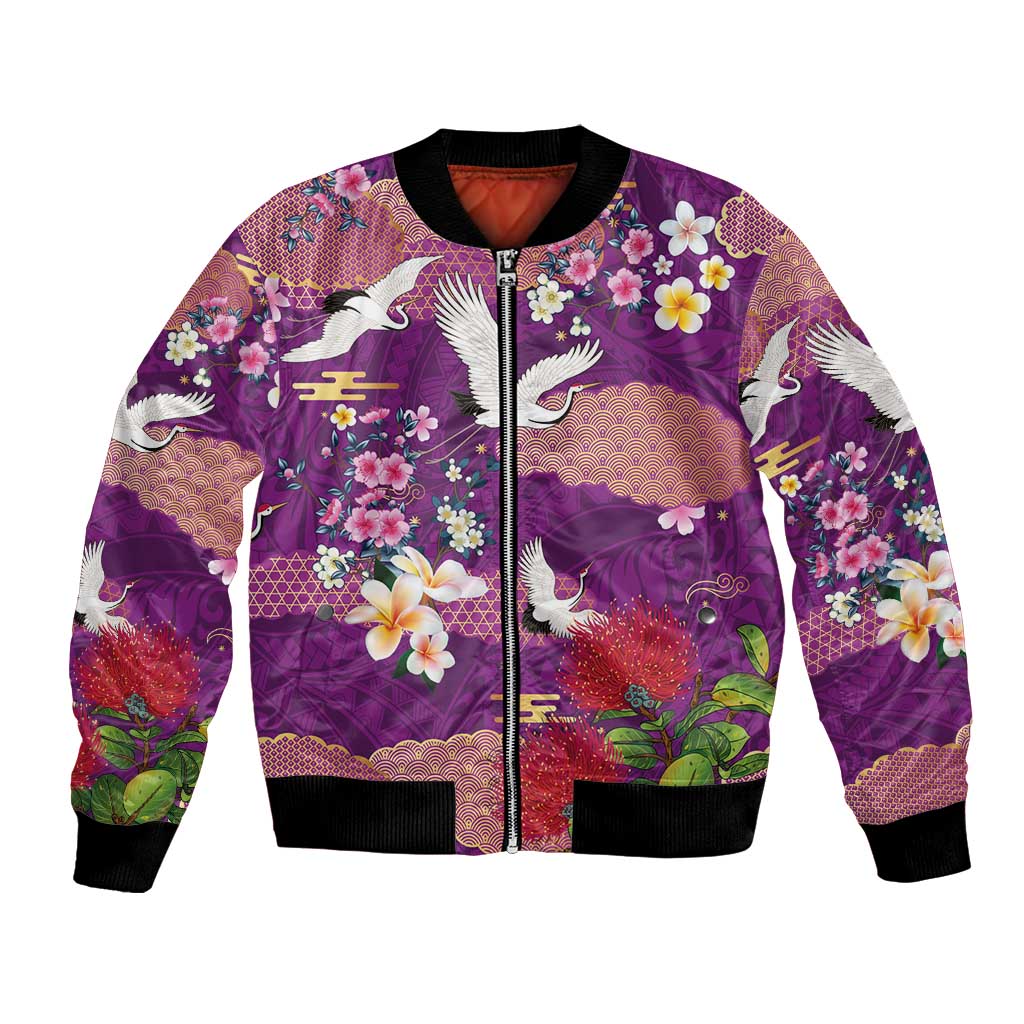 Hawaiian and Japanese Culture Together Bomber Jacket Purple Ohia Lehua Plumeria and Sakura Blooming LT03 Unisex Purple - Polynesian Pride