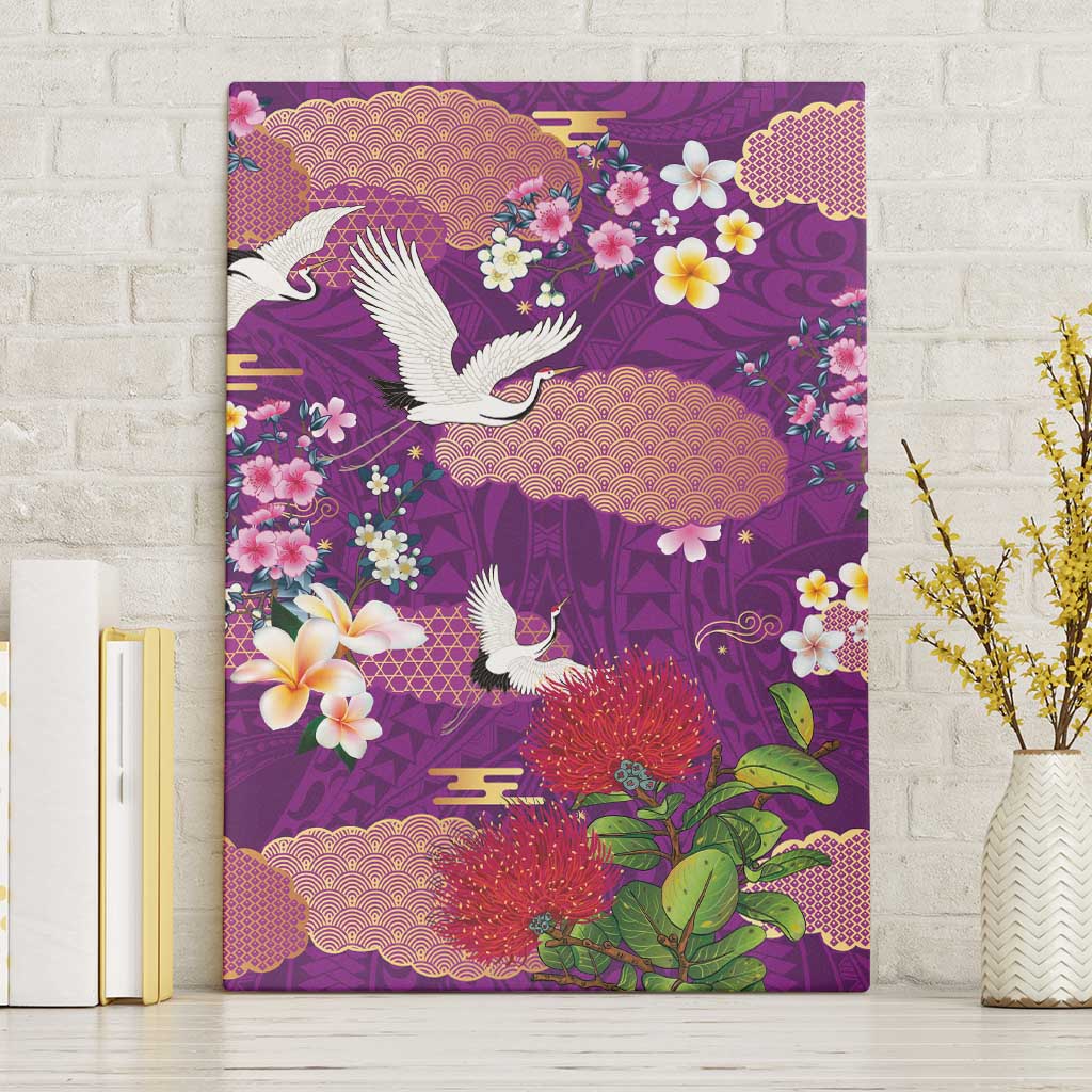 Hawaiian and Japanese Culture Together Canvas Wall Art Purple Ohia Lehua Plumeria and Sakura Blooming LT03 Without Frame Purple - Polynesian Pride
