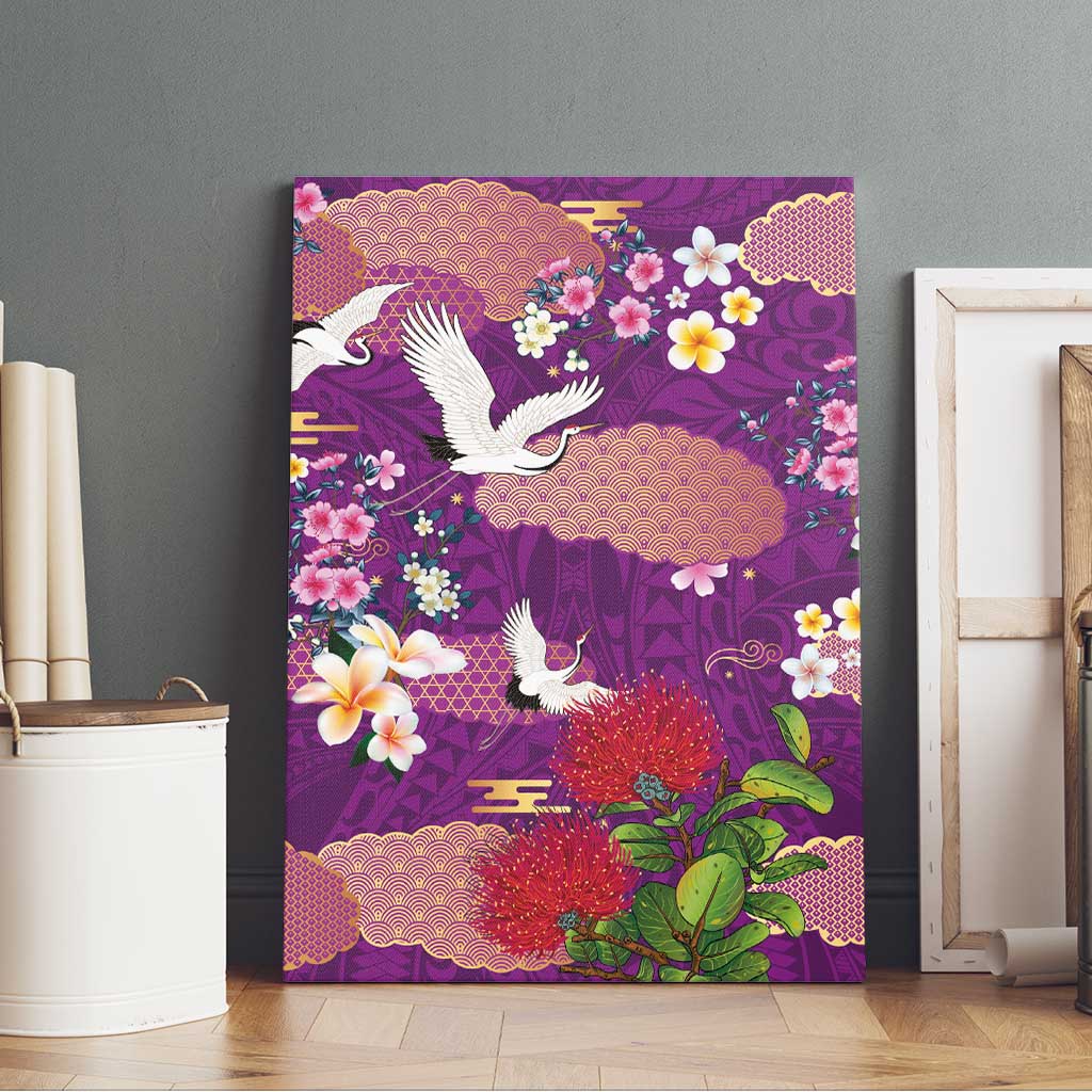 Hawaiian and Japanese Culture Together Canvas Wall Art Purple Ohia Lehua Plumeria and Sakura Blooming LT03 - Polynesian Pride