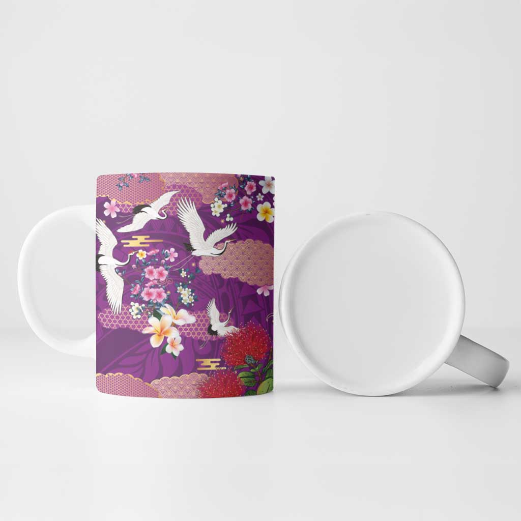 Hawaiian and Japanese Culture Together Ceramic Mug Purple Ohia Lehua Plumeria and Sakura Blooming LT03 - Polynesian Pride
