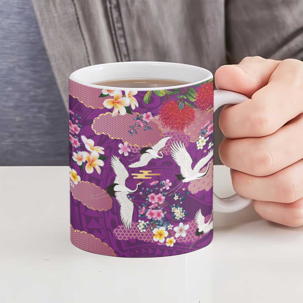 Hawaiian and Japanese Culture Together Ceramic Mug Purple Ohia Lehua Plumeria and Sakura Blooming LT03 - Polynesian Pride