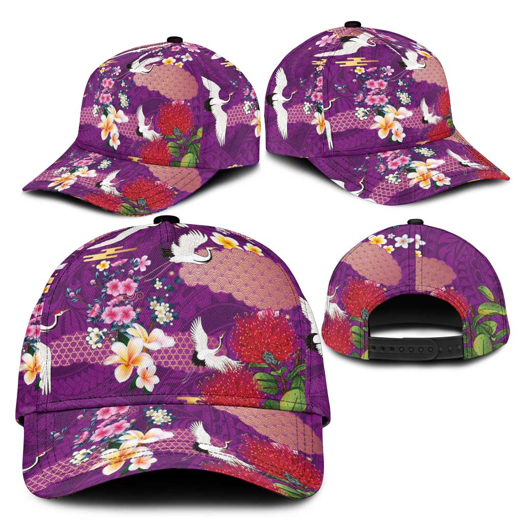 Hawaiian and Japanese Culture Together Classic Cap Purple Ohia Lehua Plumeria and Sakura Blooming LT03 - Polynesian Pride