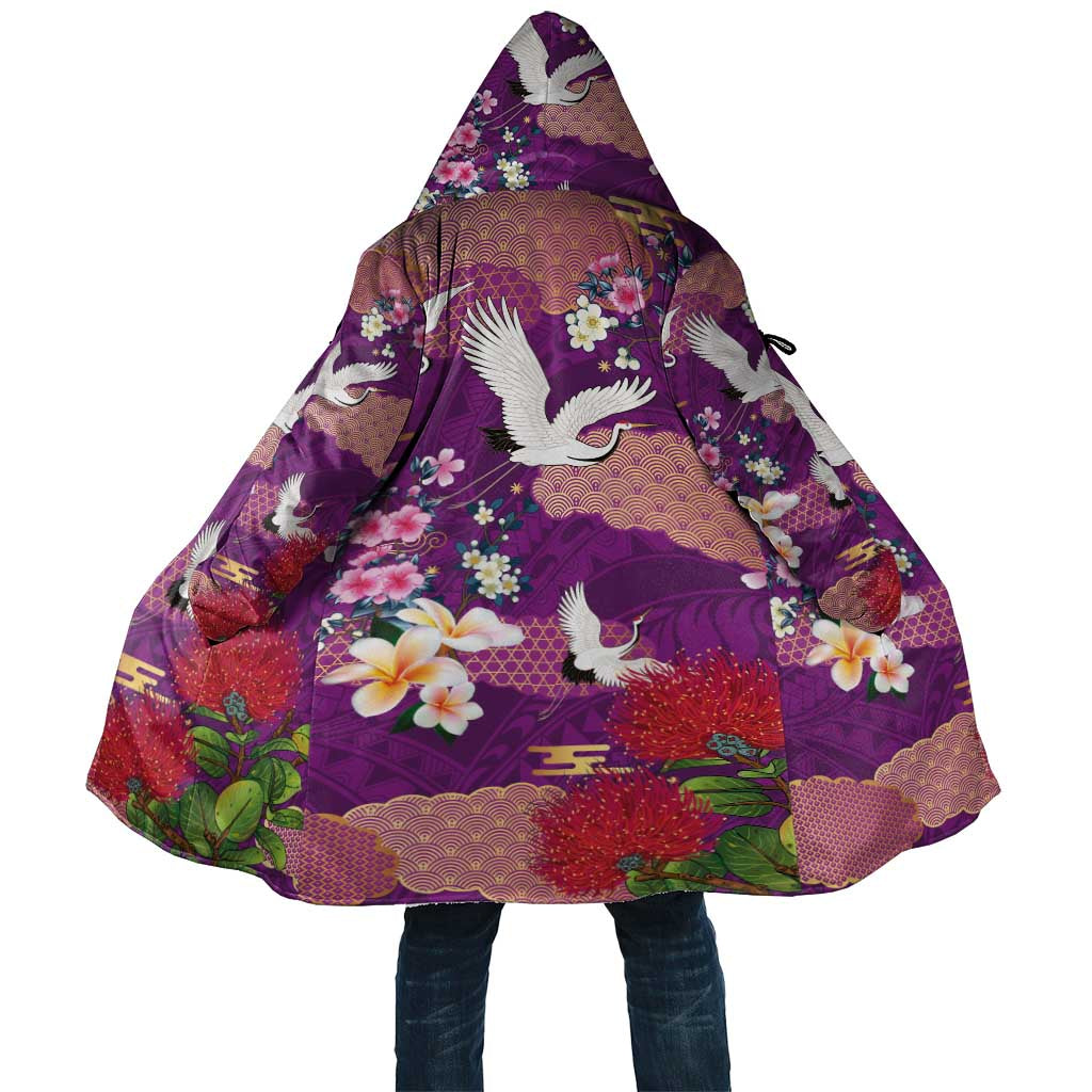 Hawaiian and Japanese Culture Together Cloak Purple Ohia Lehua Plumeria and Sakura Blooming LT03 Unisex Purple - Polynesian Pride