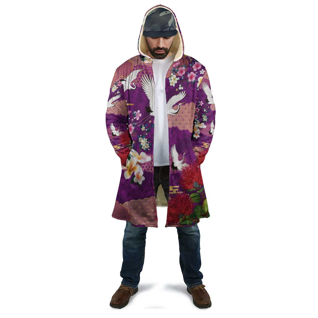 Hawaiian and Japanese Culture Together Cloak Purple Ohia Lehua Plumeria and Sakura Blooming LT03 - Polynesian Pride