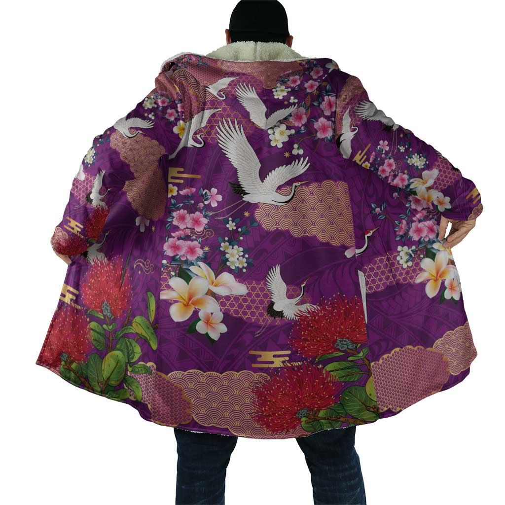 Hawaiian and Japanese Culture Together Cloak Purple Ohia Lehua Plumeria and Sakura Blooming LT03 - Polynesian Pride
