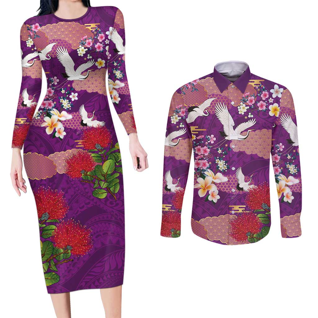 Hawaiian and Japanese Culture Together Couples Matching Long Sleeve Bodycon Dress and Long Sleeve Button Shirt Purple Ohia Lehua Plumeria and Sakura Blooming LT03 Purple - Polynesian Pride
