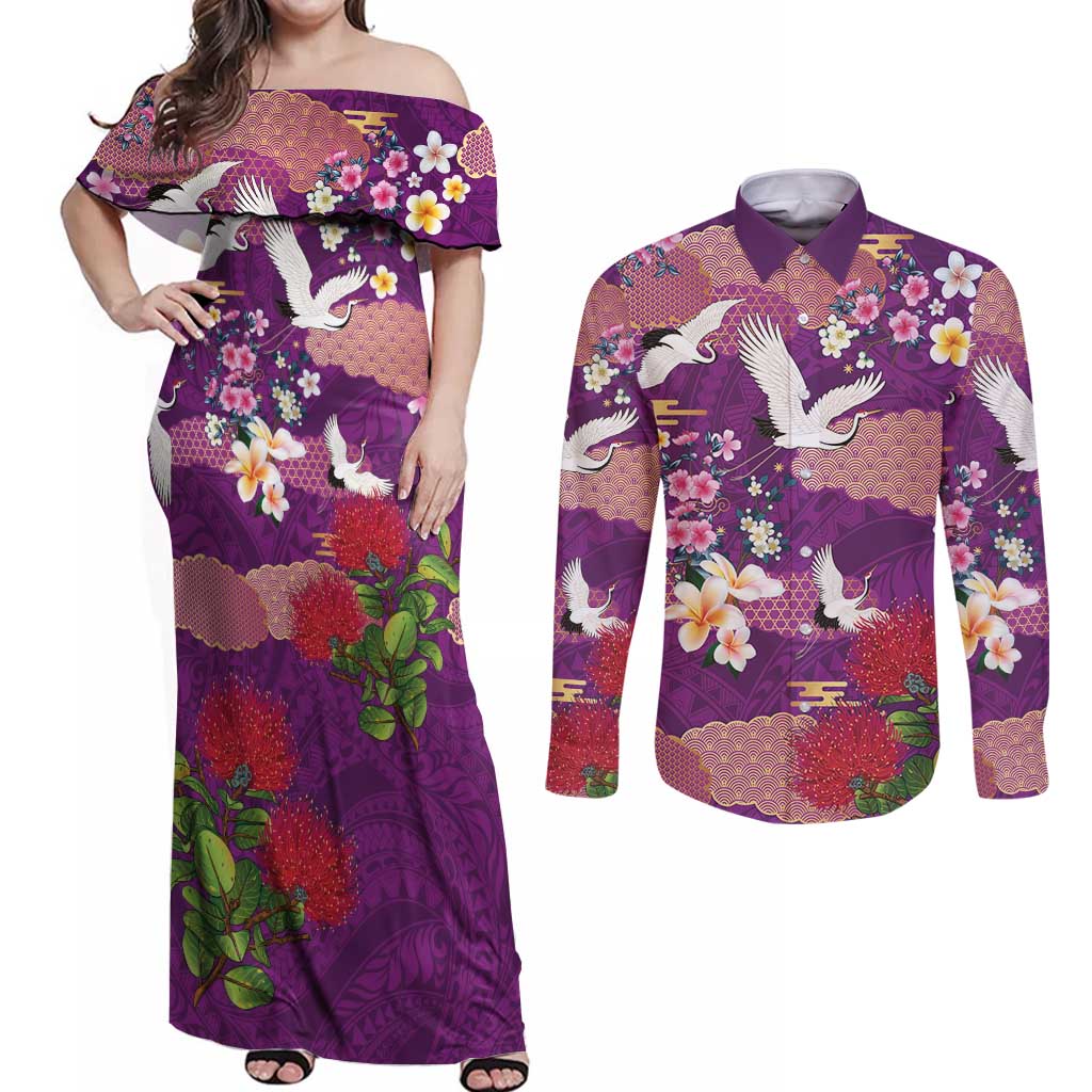 Hawaiian and Japanese Culture Together Couples Matching Off Shoulder Maxi Dress and Long Sleeve Button Shirt Purple Ohia Lehua Plumeria and Sakura Blooming LT03 Purple - Polynesian Pride