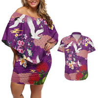 Hawaiian and Japanese Culture Together Couples Matching Off Shoulder Short Dress and Hawaiian Shirt Purple Ohia Lehua Plumeria and Sakura Blooming LT03 Purple - Polynesian Pride