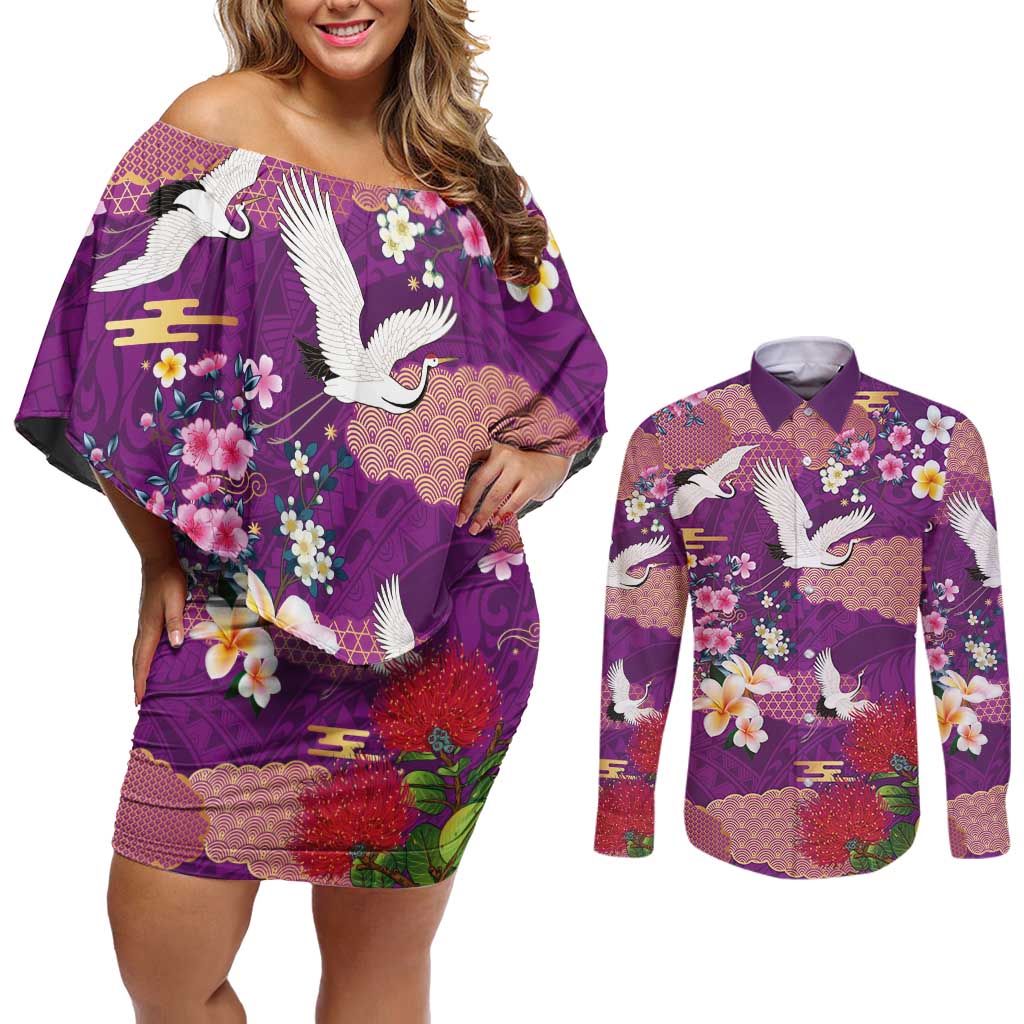 Hawaiian and Japanese Culture Together Couples Matching Off Shoulder Short Dress and Long Sleeve Button Shirt Purple Ohia Lehua Plumeria and Sakura Blooming LT03 Purple - Polynesian Pride