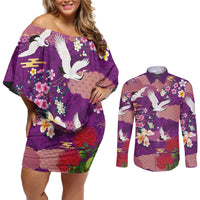 Hawaiian and Japanese Culture Together Couples Matching Off Shoulder Short Dress and Long Sleeve Button Shirt Purple Ohia Lehua Plumeria and Sakura Blooming LT03 Purple - Polynesian Pride