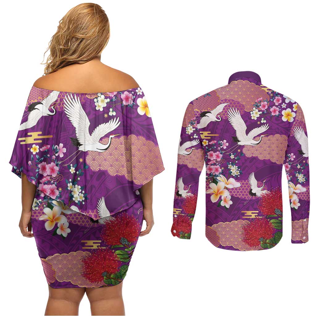 Hawaiian and Japanese Culture Together Couples Matching Off Shoulder Short Dress and Long Sleeve Button Shirt Purple Ohia Lehua Plumeria and Sakura Blooming LT03 - Polynesian Pride