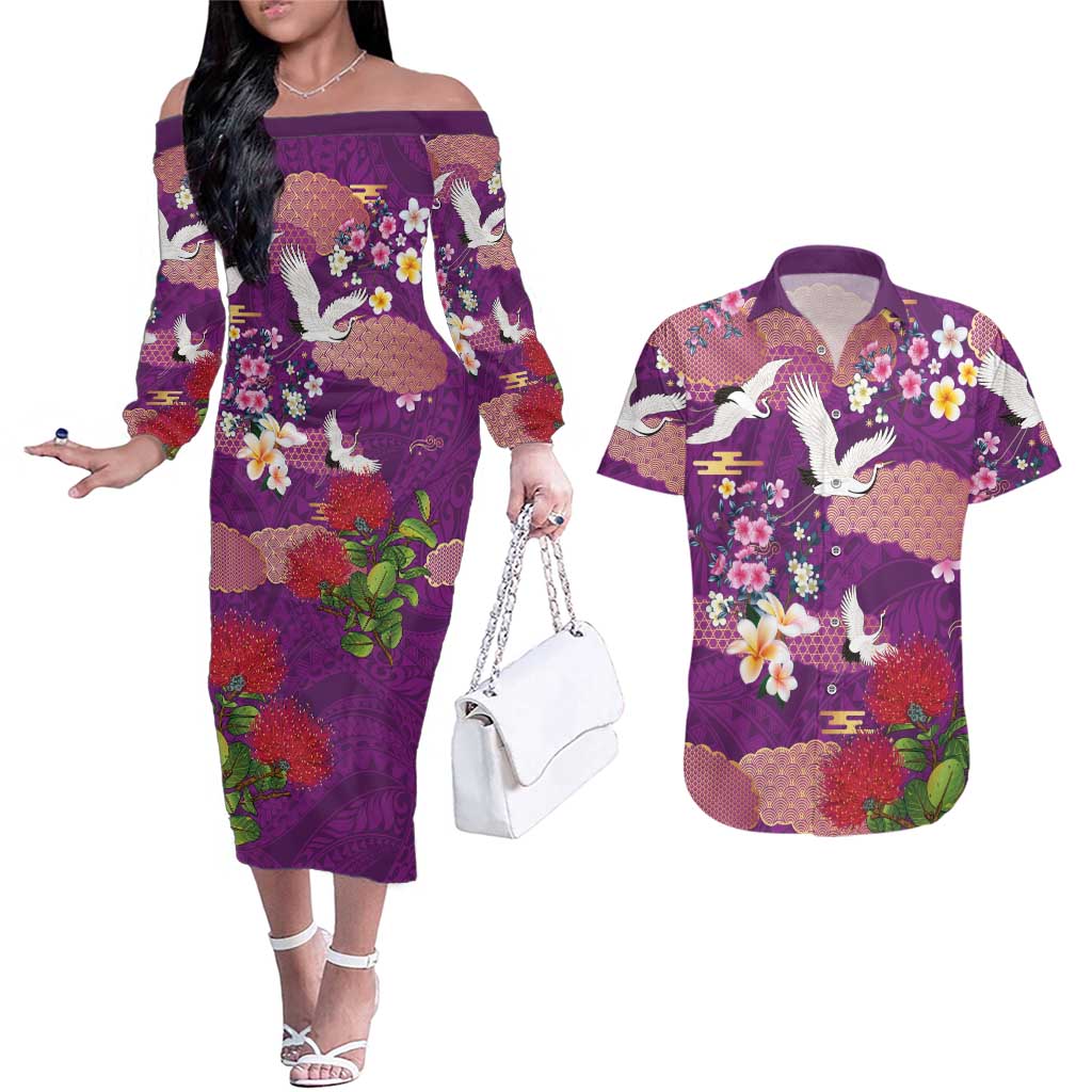 Hawaiian and Japanese Culture Together Couples Matching Off The Shoulder Long Sleeve Dress and Hawaiian Shirt Purple Ohia Lehua Plumeria and Sakura Blooming LT03 Purple - Polynesian Pride