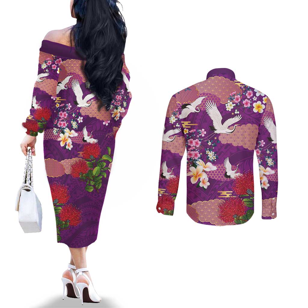 Hawaiian and Japanese Culture Together Couples Matching Off The Shoulder Long Sleeve Dress and Long Sleeve Button Shirt Purple Ohia Lehua Plumeria and Sakura Blooming LT03 - Polynesian Pride