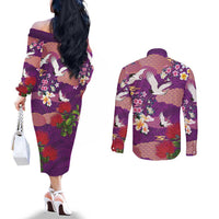 Hawaiian and Japanese Culture Together Couples Matching Off The Shoulder Long Sleeve Dress and Long Sleeve Button Shirt Purple Ohia Lehua Plumeria and Sakura Blooming LT03 - Polynesian Pride