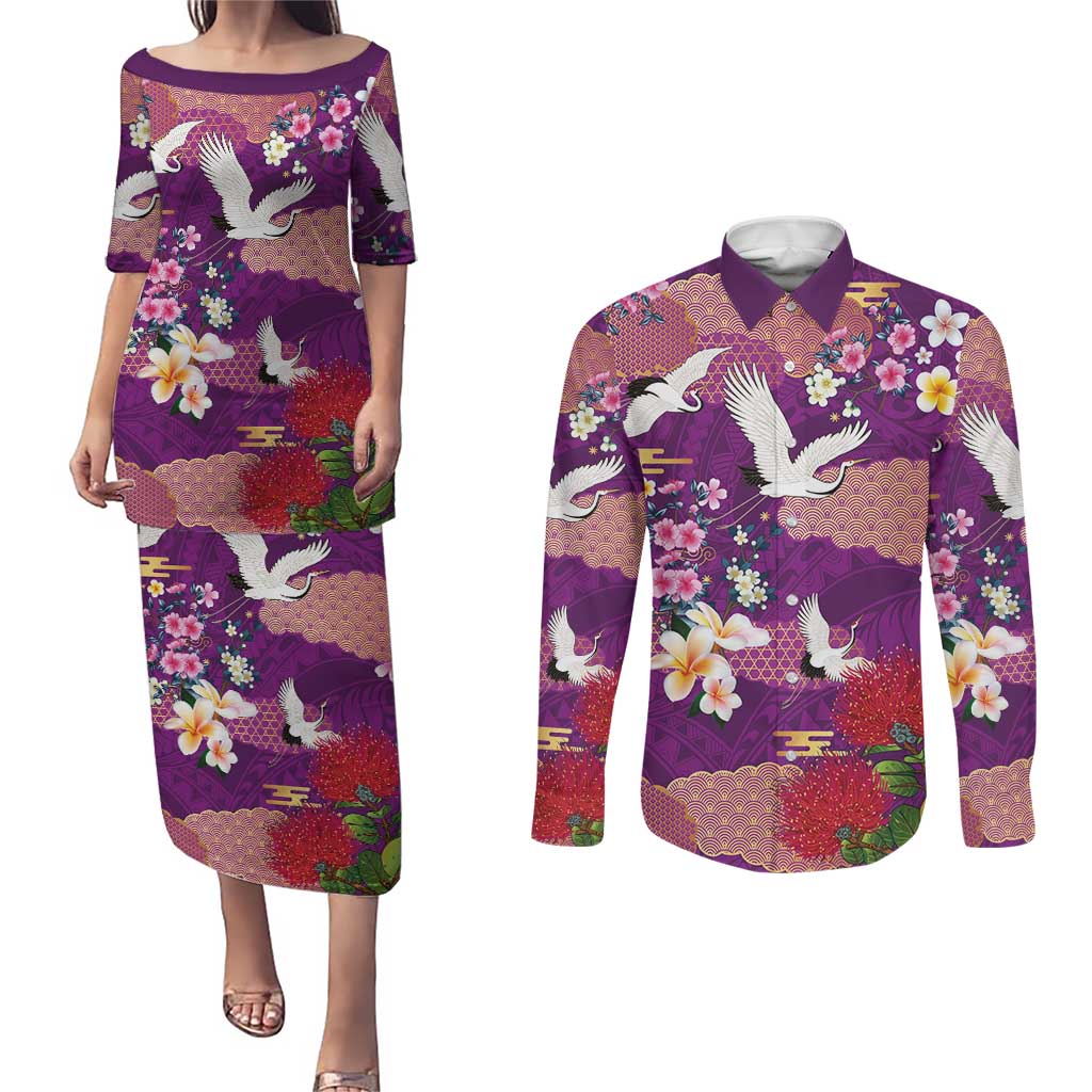 Hawaiian and Japanese Culture Together Couples Matching Puletasi and Long Sleeve Button Shirt Purple Ohia Lehua Plumeria and Sakura Blooming LT03 Purple - Polynesian Pride