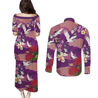 Hawaiian and Japanese Culture Together Couples Matching Puletasi and Long Sleeve Button Shirt Purple Ohia Lehua Plumeria and Sakura Blooming LT03 - Polynesian Pride