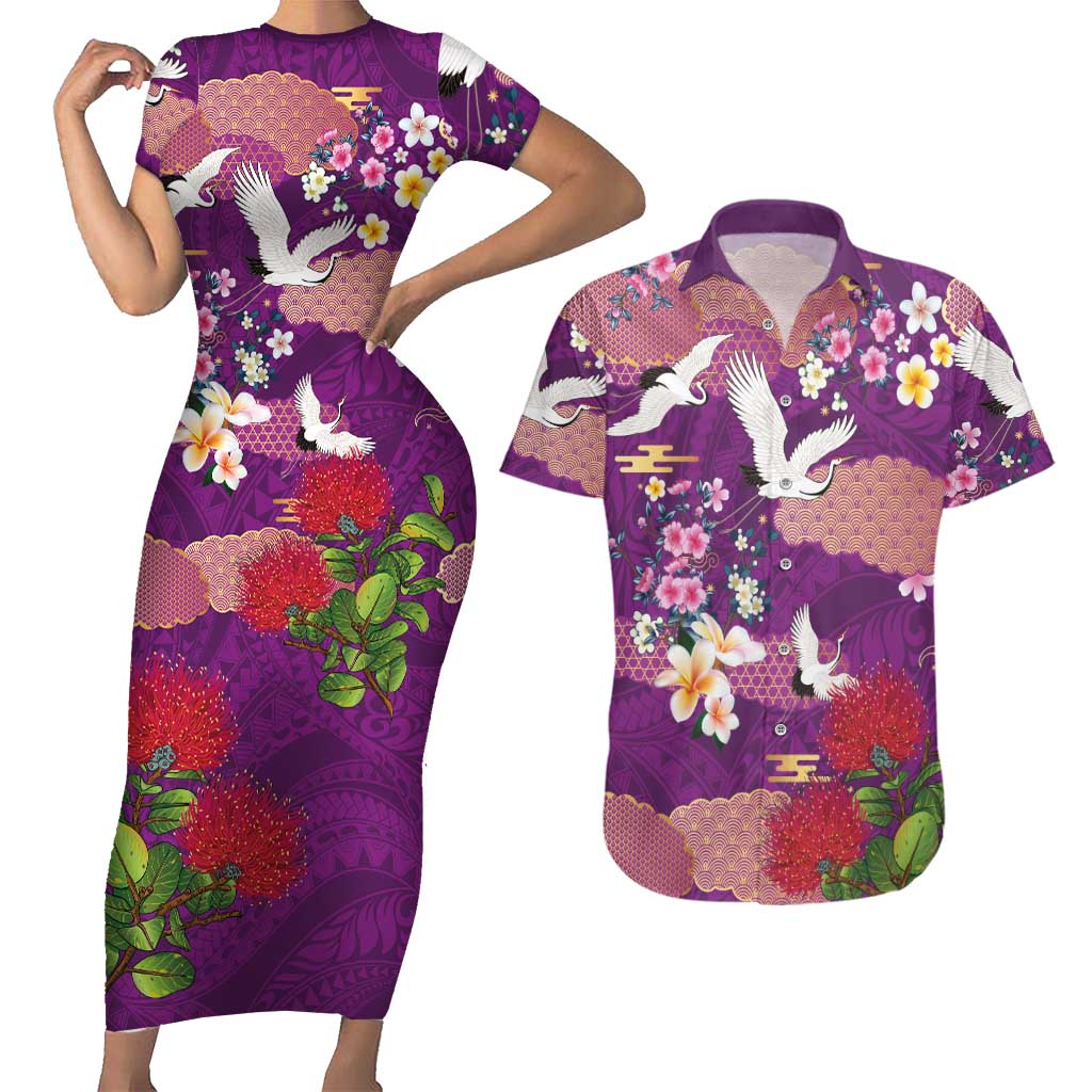 Hawaiian and Japanese Culture Together Couples Matching Short Sleeve Bodycon Dress and Hawaiian Shirt Purple Ohia Lehua Plumeria and Sakura Blooming - Polynesian Pride