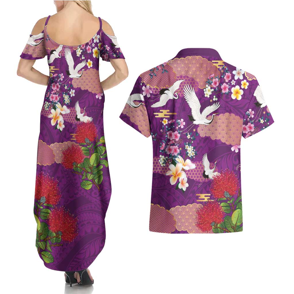 Hawaiian and Japanese Culture Together Couples Matching Summer Maxi Dress and Hawaiian Shirt Purple Ohia Lehua Plumeria and Sakura Blooming LT03 - Polynesian Pride