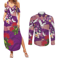 Hawaiian and Japanese Culture Together Couples Matching Summer Maxi Dress and Long Sleeve Button Shirt Purple Ohia Lehua Plumeria and Sakura Blooming LT03 Purple - Polynesian Pride