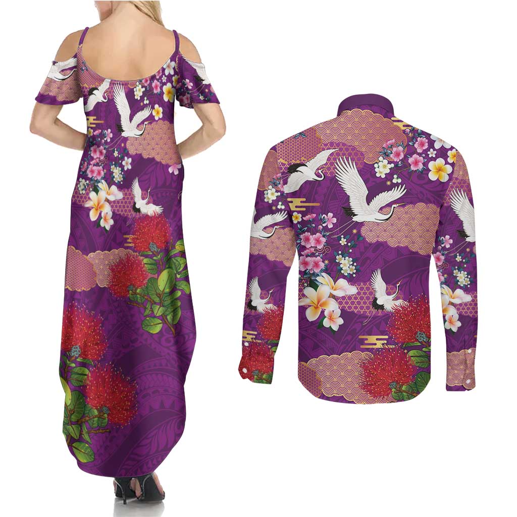 Hawaiian and Japanese Culture Together Couples Matching Summer Maxi Dress and Long Sleeve Button Shirt Purple Ohia Lehua Plumeria and Sakura Blooming LT03 - Polynesian Pride